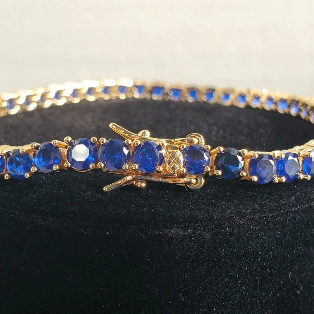 14K Gold Womens 2ct Blue Sapphire Gemstone Tennis Bracelet 14 K Silver Jewelry - Picture 3 of 7